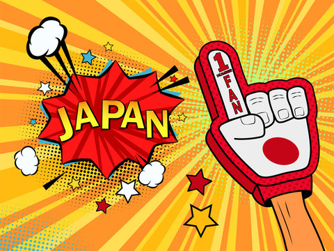 Male hand in the country flag glove of a sports fan raised up celebrating win and Japan speech bubble with stars and clouds. Vector colorful illustration in retro comic style