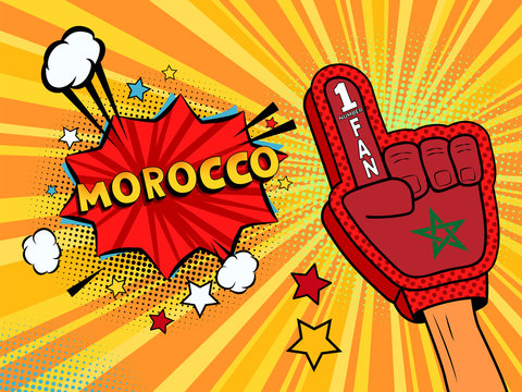 Male hand in the country flag glove of a sports fan raised up celebrating win and Morocco speech bubble with stars and clouds. Vector colorful illustration in retro comic style