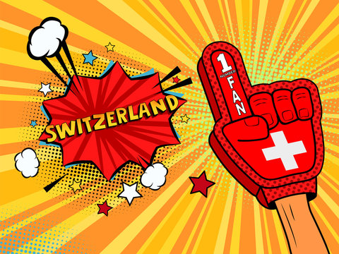 Male hand in the country flag glove of a sports fan raised up celebrating win and Switzerland speech bubble with stars and clouds. Vector colorful illustration in retro comic style