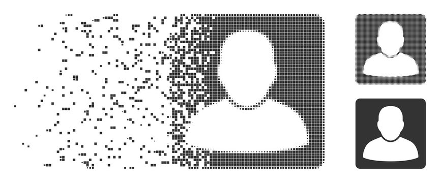 Grey vector man vcard icon in fractured, pixelated halftone and undamaged solid variants. Rectangle particles are used for disappearing effect. Pixels are combined into disappearing man vcard shape.