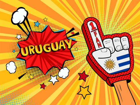 Male hand in the country flag glove of a sports fan raised up celebrating win and Uruguay speech bubble with stars and clouds. Vector colorful illustration in retro comic style
