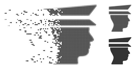Grey vector officer head icon in dispersed, pixelated halftone and undamaged entire versions. Rectangular particles are used for disintegration effect.