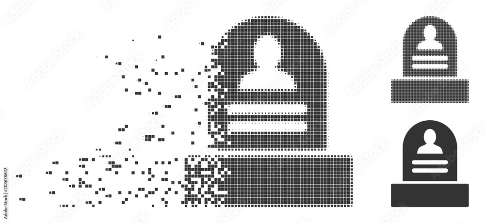 Poster gray vector rip monument icon in fractured, dotted halftone and undamaged solid versions. rectangle 
