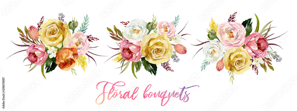 Wall mural Watercolor floral set of 3 bouquets / arrangements - colorful flower illustration for wedding, anniversary, birthday, invitations, romance. Floral arrangement with flower composition.