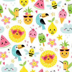 Seamless pattern of cute summer cartoon characters on white background - 208678809