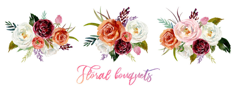 Watercolor floral set of 3 bouquets / arrangements - colorful flower illustration for wedding, anniversary, birthday, invitations, romance. Floral arrangement with flower composition.
