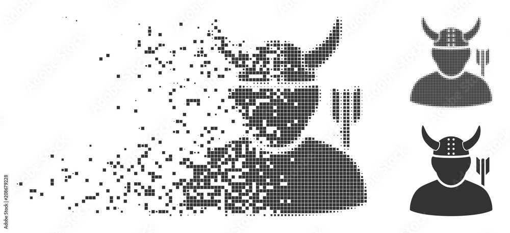 Poster gray vector warrior icon in dissolved, dotted halftone and undamaged whole versions. rectangle parti