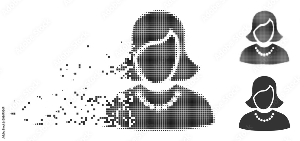 Poster grey vector woman icon in fractured, pixelated halftone and undamaged entire variants. square partic