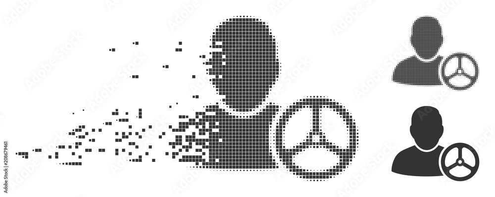 Poster grey vector driver wheel icon in dispersed, dotted halftone and undamaged solid versions. square dot