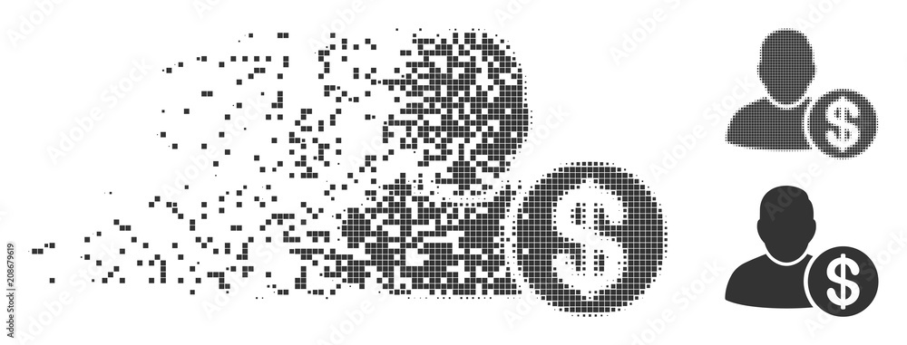 Poster gray vector loan user icon in dispersed, pixelated halftone and undamaged solid versions. rectangula