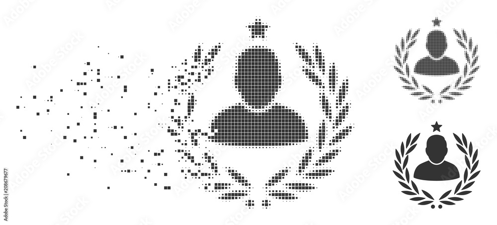 Poster grey vector man glory laurel emblem icon in fractured, dotted halftone and undamaged entire variants