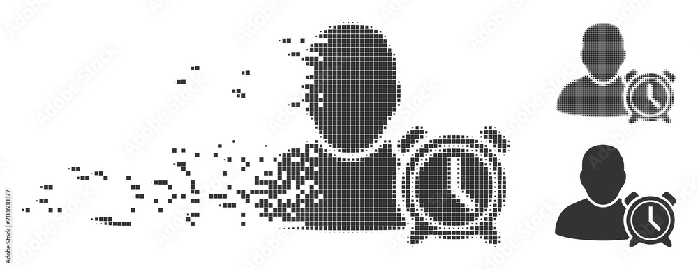 Poster gray vector user alarm clock icon in dispersed, pixelated halftone and undamaged whole versions. rec