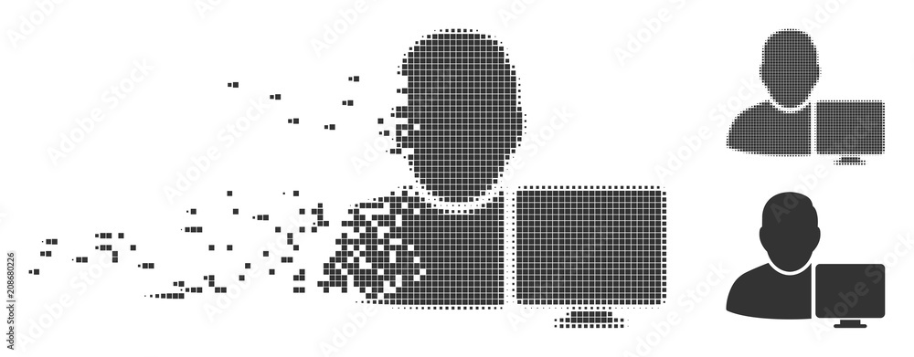 Poster grey vector user computer icon in dissolved, dotted halftone and undamaged whole versions. rectangul