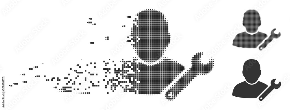 Poster grey vector user customize wrench icon in dispersed, dotted halftone and undamaged solid variants. s