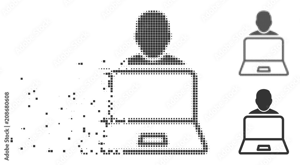 Poster gray vector user laptop icon in dispersed, pixelated halftone and undamaged whole variants. square p