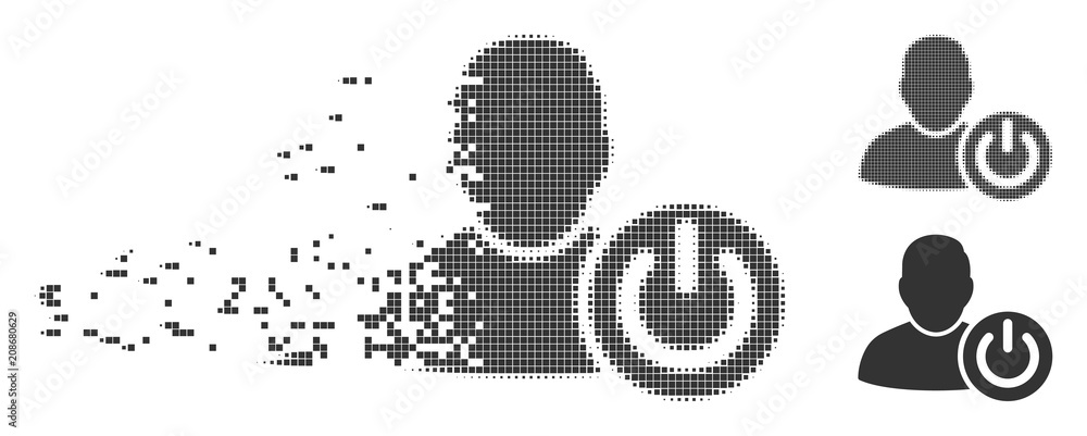 Poster grey vector user log off icon in dispersed, pixelated halftone and undamaged entire versions. rectan