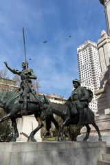 Monument to Cervantes and Don Quixote and Sancho Panza at Spain Square in City of Madrid, Spain