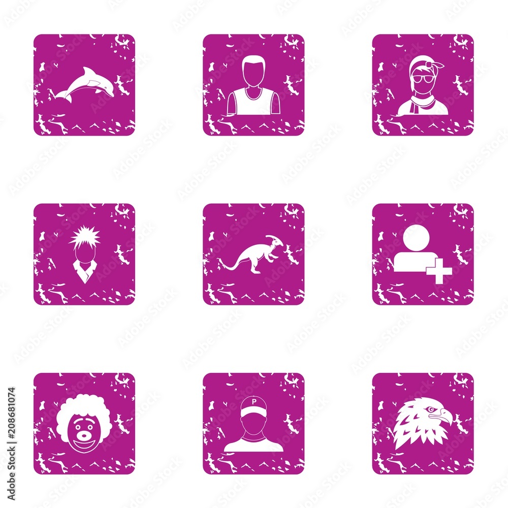 Poster presentation icons set. grunge set of 9 presentation vector icons for web isolated on white backgrou