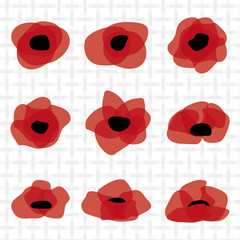 Red poppy flat icon. Stylized vector flower symbol set on light burlap background.