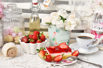 sweet dessert with strawberry jelly cake and fresh fruits