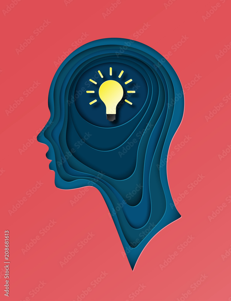 Wall mural modern poster with layered cut out colored paper human profile with lightbulb. creative thinking, bu