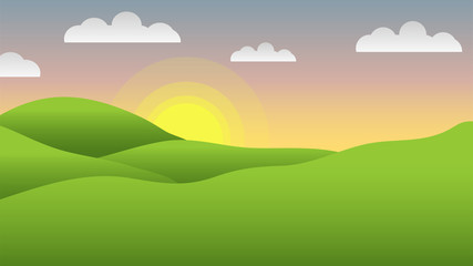 Fototapeta na wymiar Valley landscape with sun, hills and clouds. Vector illustration.