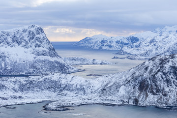 Aerial view over Lofoten Islands in winter