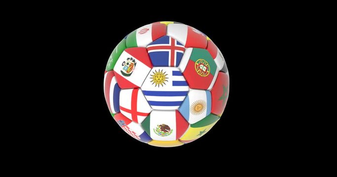 A soccer ball from the flags of 32 states of the 2018 World Cup participants on a black background, an alpha channel, a video loop