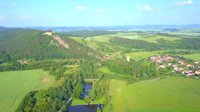 Aerial view of castles Zebrak and Tocnik. Gothic fortresses on hills. Famous tourist attractions in Czech republic, European union.
