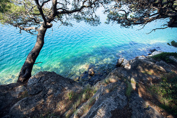 Beautiful landscape scene with turquoise color of saltwater lake on Mljet island
