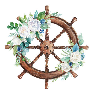 Watercolor hand drawn nautical / marine / floral illustration with steering wheel & flower bouquet with green leaves arrangement. Icon, object, corner, frame clipart for invitations, decoration, DIY.