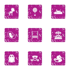 Infantile time icons set. Grunge set of 9 infantile time vector icons for web isolated on white background