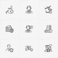 Insurance line icon set with real estate robbery insurance, accident insurance and call center