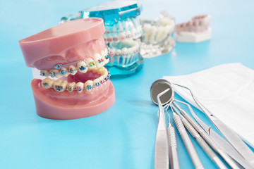 orthodontic model and dentist tool - demonstration teeth model of varities of orthodontic bracket...