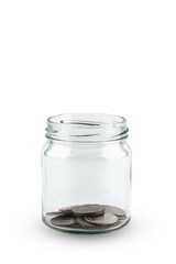 Glass jars with coins isolated on white background