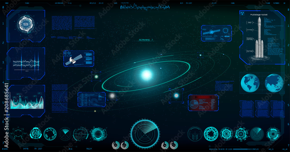 Poster Radar Screen. Futuristic User Interface ( Dashboard, Spaceship, Circle Elements, satellite, Data and Information ) Radar Screen in the HUD Style, Future Vector Illustration Your Design