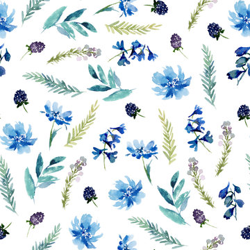 Seamless watercolor floral pattern with flowers, leaves and branches composition on white background, perfect for wrappers, wallpapers, postcards, greeting cards, wedding invitations, romantic events.