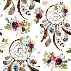 Seamless watercolor ethnic boho floral pattern - dreamcatchers and flowers on white background, Native American tribe decor, tribal navajo isolated illustration bohemian ornament, Indian, Peru, Aztec.