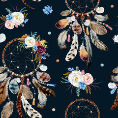 Seamless watercolor ethnic boho floral pattern - dreamcatchers and flowers on black background, Native American tribe decor, tribal navajo isolated illustration bohemian ornament, Indian, Peru, Aztec.
