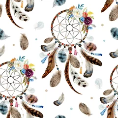 Wall murals Dream catcher Seamless watercolor ethnic boho floral pattern - dreamcatchers and flowers on white background, Native American tribe decor, tribal navajo isolated illustration bohemian ornament, Indian, Peru, Aztec.