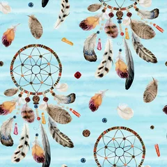 Wallpaper murals Dream catcher Seamless watercolor ethnic boho pattern - dream catchers and feathers on blue background, Native American tribe decoration print element, isolated illustration bohemian ornament, Indian, Peru, Aztec.