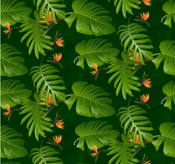 Seamless tropical pattern with palm leaves for fabric design or other uses.