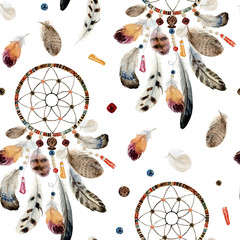 Seamless watercolor ethnic boho pattern - dream catchers and feathers on white background, Native American tribe decoration print element, isolated illustration bohemian ornament, Indian, Peru, Aztec.