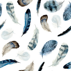 Watercolor boho seamless pattern of feathers on white background. Native american decor, print element, tribal bohemian navajo, Indian, Peru, Aztec wrapping.