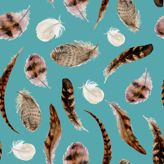 Watercolor boho seamless pattern of feathers on blue background. Native american decor, print element, tribal bohemian navajo, Indian, Peru, Aztec wrapping.