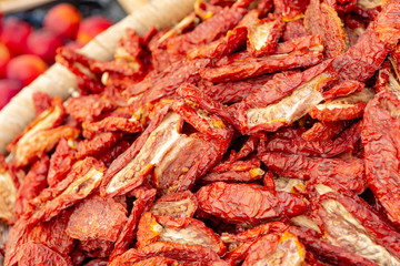 Red Italian sun dried tomatoes on Italian street market
