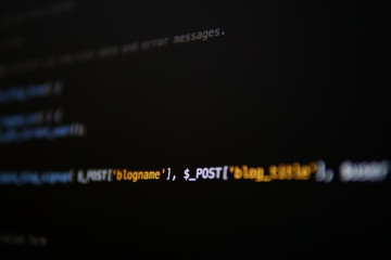 Simple website HTML code with colorful tags in browser view on dark background. Software developer programming code. Screen of code for overlay background.