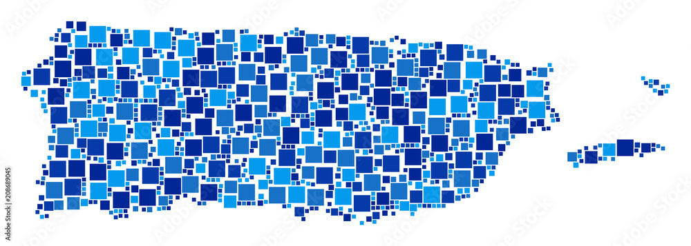 Poster puerto rico map collage of random square elements in various sizes and blue color tones. vector fill