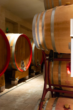 Modern bio wine production factory in Italy, caves with french of americal oak barrels used for aging of wine