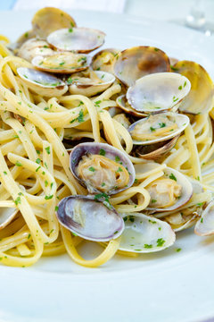 Traditional Italian seafood, spaghetti vongole made with seashells and linguini pasta